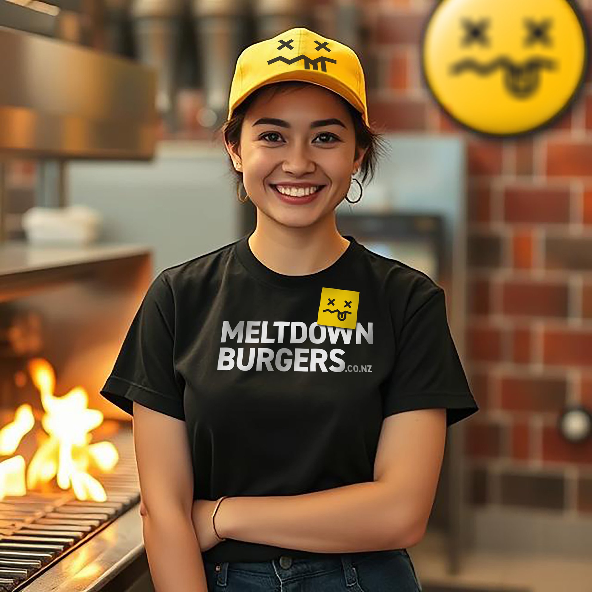 A young woman with a smile, wearing a yellow cap with a smiling face emoticon, a black Meltdown Burgers t-shirt with a matching emoticon patch, standing in a brick-walled restaurant interior.