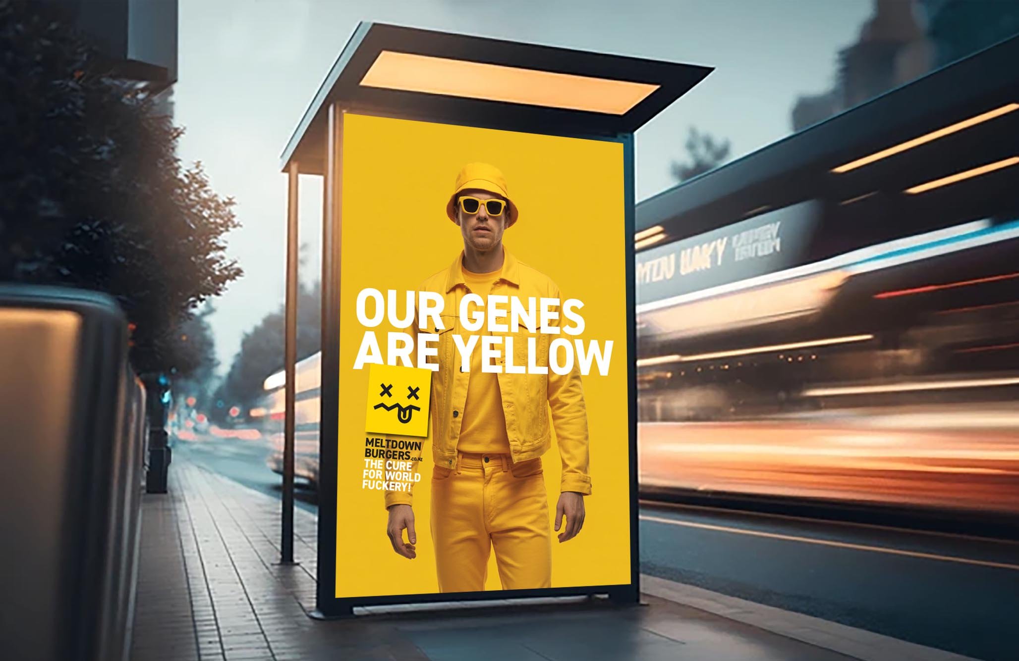 Yellow-themed advertisement on a city bus shelter with a person dressed in yellow clothing and accessories. The text reads 'OUR GENES ARE YELLOW'.